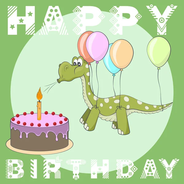 Mutlu doğum günü tebrik kartı. Kek, Balonlar, dino
