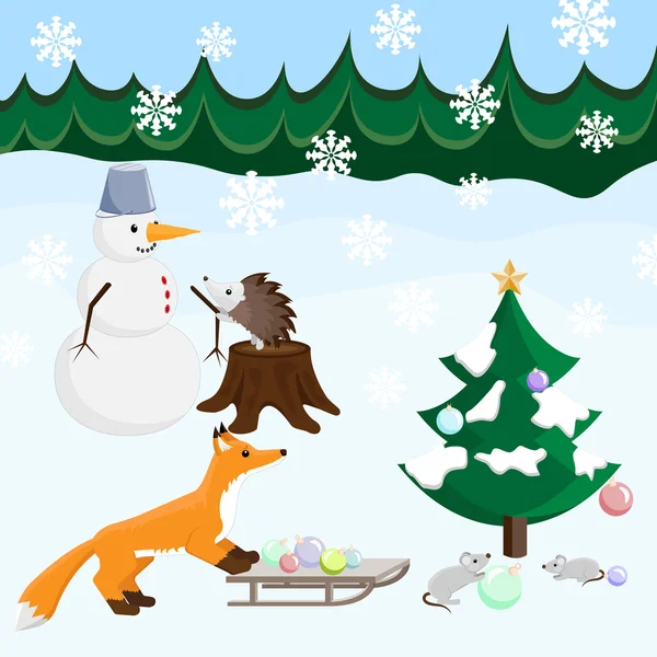 Mutlu yeni yıl hayvanlar, köknar ve kardan adam ile.