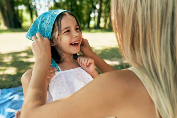 Cheerful Smiling Daughter Playing Her Mother Sunny Summer Day Park — Stock Photo, Image