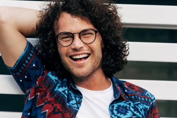 Closeup Portrait Cheerful Man Curly Hair Smiling Broadly Wearing Colorful — Stock Photo, Image