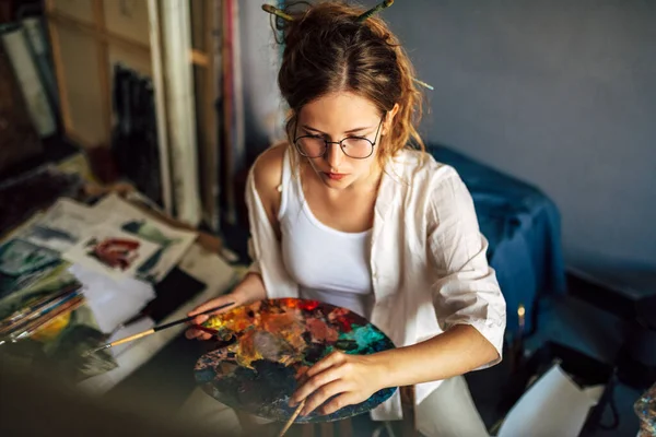 Top View Pretty Girl Artist Painting Brush Canvas Her Art — Stock Photo, Image