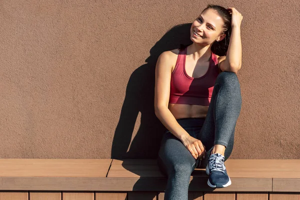 Image Athlete Female Smiling Looking Camera Resting Exercising Outdoors Sunny Stock Image