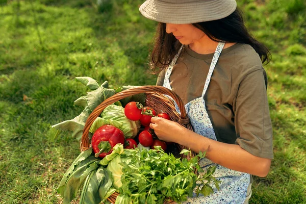Imagem Uma Jardineira Feminina Com Uma Cesta Com Legumes Ecológicos — Fotografia de Stock
