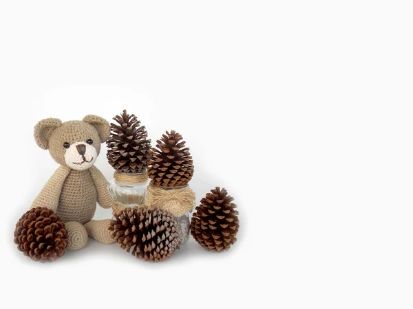 Teddybär mit Tannenzapfen — Stockfoto