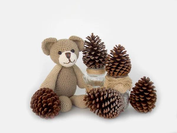 Teddybär mit Tannenzapfen — Stockfoto