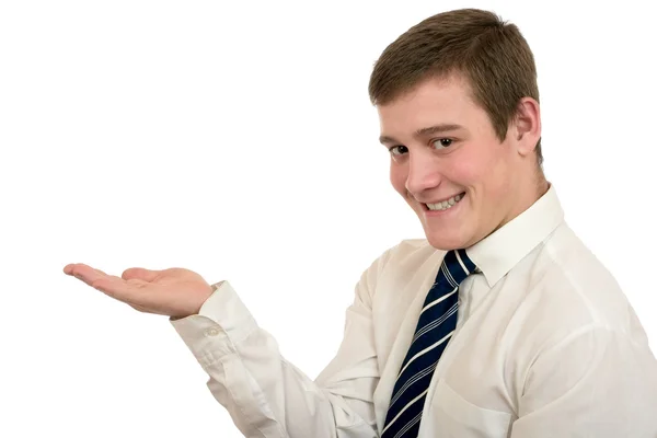 De jonge man in een wit overhemd en stropdas, hand gebaren — Stockfoto