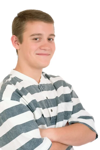 Улыбающийся молодой человек в полосатой рубашке на белом фоне — стоковое фото