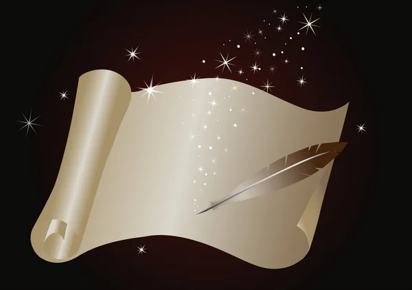 Rouleau magique avec une plume et un éclat lumineux . — Image vectorielle