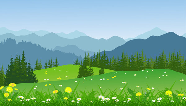 Green summer landscape with mountains, daisies and trees