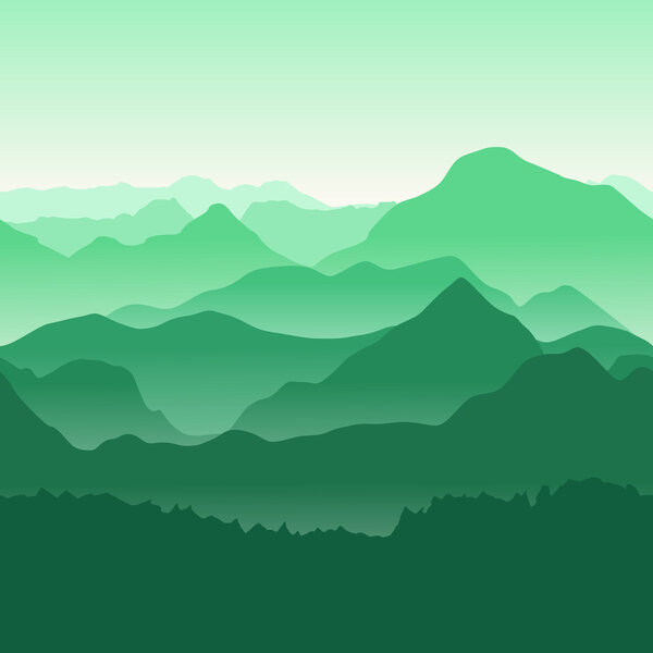 Green mountains in the fog. Seamless background.