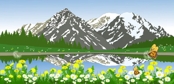 Green summer landscape with mountains, daisies and trees