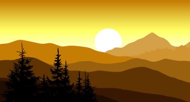Golden sunset dağlarda. Vektör çizim.