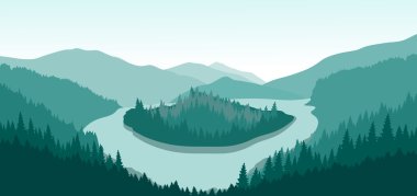 Beautiful mountain landscape with green island on a mountain river. clipart