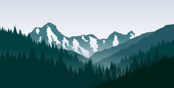 Mountain landscape with forest and snowy mountain in the middle. — Stock Vector