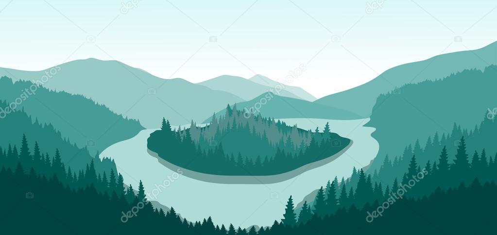 Beautiful mountain landscape with green island on a mountain river.