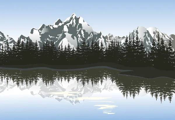 Mountain landscape with lake and snowy peak. — Stock Vector