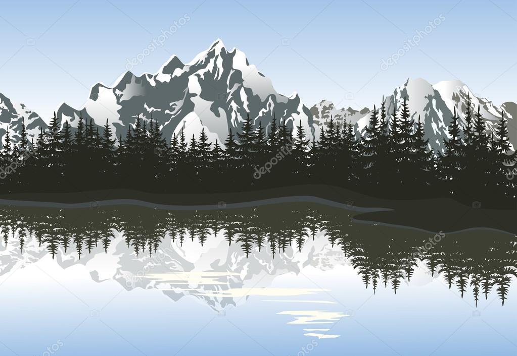 Mountain landscape with lake and snowy peak.