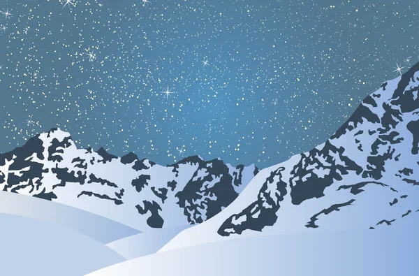 Parlak bir yıldızlı gece karlı dağlarda. — Stok Vektör