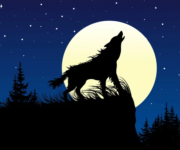 Вовк виття на повний місяць вночі . — стоковий вектор