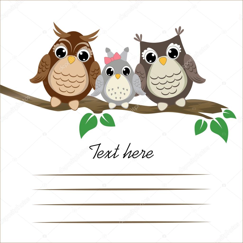 Cute owls on a tree branch with space for text.