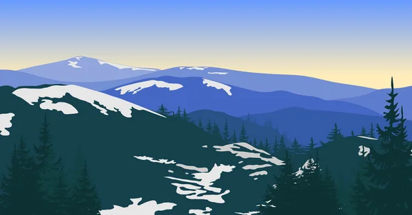 Paysage de montagne avec neige et silhouettes d'arbres . — Image vectorielle