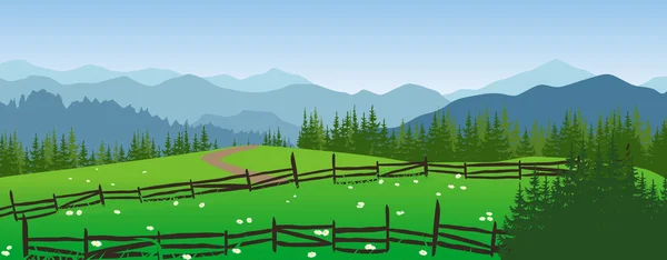 Mountains landscape with meadow and trees. — Stock Vector