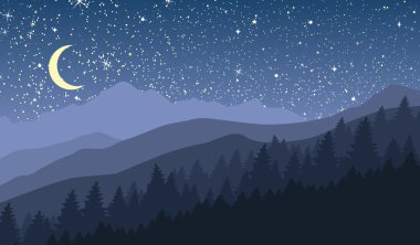 Yeni ay ve yıldız ile gece dağ manzarası.