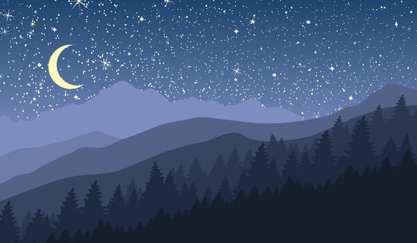 Night mountain landscape with new moon and stars.