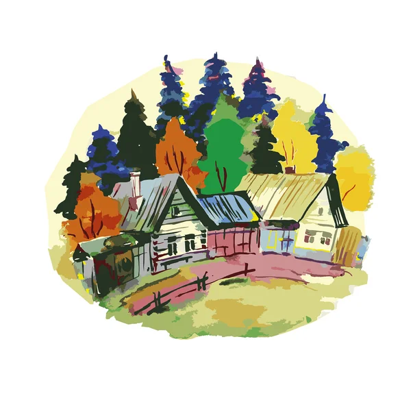 Vesnice dřevěné domy na podzim — Stockový vektor