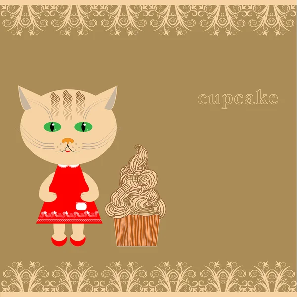Gato y sabrosos cupcakes — Vector de stock