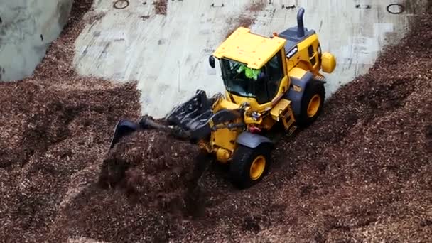 Volvo Buldozzer dicharger copeaux de bois Port de Stockholm Suède Juin 2016 — Video