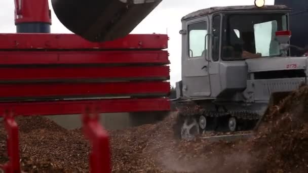 Buldozer op het hout te drukken chips poort van Liepaja mei 2016 — Stockvideo