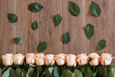 Pink roses lying on wooden background. Background for spring themes. clipart