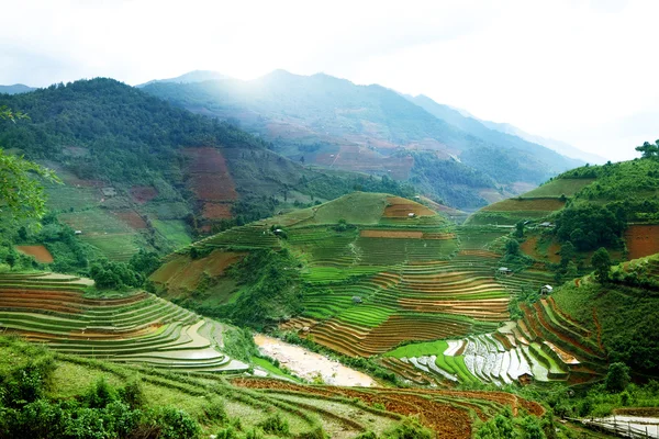 Campos de arroz y agua en terrazas de Mu Cang Chai, YenBai, Vietnam. Vietnam paisajes . — Foto de Stock
