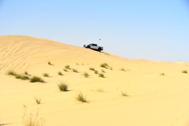 Dubai, Birleşik Arap Emirlikleri 5 Mart 2021 sabah erken saatlerde İHA 'nın en iyi eğlencelerinden biri olan İHA Offroaderlar ile Al Qudra Gölü' nde kum tepelemesi