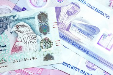 Birleşik Arap Emirlikleri para biriminin (AED) yüksek kaliteli, tepeden tırnağa bir görüntüsü, renkli Emirati banknotları ve gümüş Dirham paralarının karışımı. Resimde BAE Dirham 'ın yerel kültür sembolleri ve portresi de dahil olmak üzere ayrıntılı tasarımı yer alıyor.