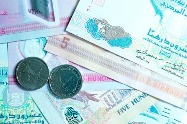 Birleşik Arap Emirlikleri para biriminin (AED) yüksek kaliteli, tepeden tırnağa bir görüntüsü, renkli Emirati banknotları ve gümüş Dirham paralarının karışımı. Resimde BAE Dirham 'ın yerel kültür sembolleri ve portresi de dahil olmak üzere ayrıntılı tasarımı yer alıyor.