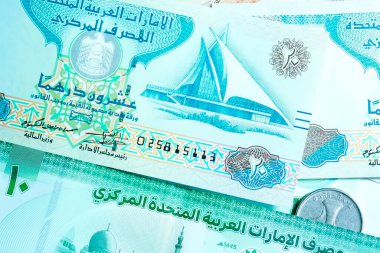 Birleşik Arap Emirlikleri para biriminin (AED) yüksek kaliteli, tepeden tırnağa bir görüntüsü, renkli Emirati banknotları ve gümüş Dirham paralarının karışımı. Resimde BAE Dirham 'ın yerel kültür sembolleri ve portresi de dahil olmak üzere ayrıntılı tasarımı yer alıyor.