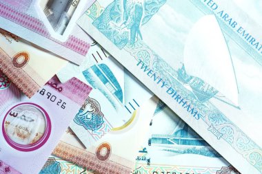 Birleşik Arap Emirlikleri para biriminin (AED) yüksek kaliteli, tepeden tırnağa bir görüntüsü, renkli Emirati banknotları ve gümüş Dirham paralarının karışımı. Resimde BAE Dirham 'ın yerel kültür sembolleri ve portresi de dahil olmak üzere ayrıntılı tasarımı yer alıyor.