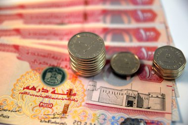 Yakın çeşitli para birimi banknot ve madeni paraların, Birleşik Arap Emirlikleri