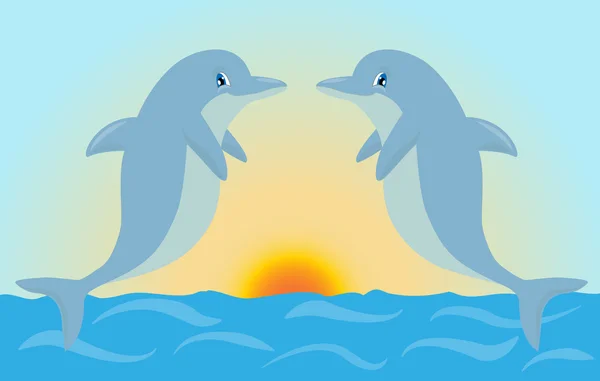 Pair of cute cartoon dolphins playing in the sunset light. — 스톡 벡터