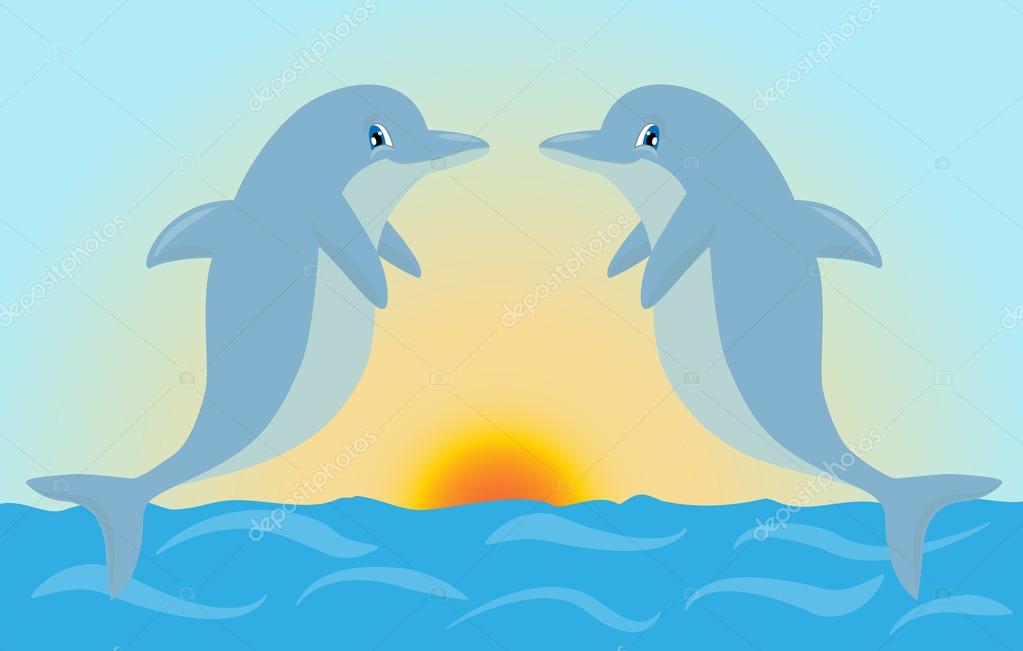 Pair of cute cartoon dolphins playing in the sunset light. Stock Vector  Image by ©vilicreates #87256284