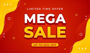 Mega Satış afişi şablon tasarımı, geometrik şekilli soyut kırmızı ve sarı dalga arkaplanı, satış promosyonu, pazarlama reklamları, e-ticaret, etkinlikler, sayfalar ve web siteleri için uygun% 50 'ye kadar indirimli.