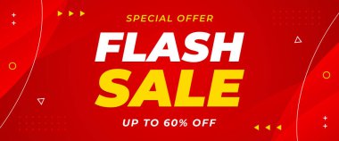 Kırmızı arka plan ve geometrik şekillere sahip flaş indirimli pankart tasarımı, satış promosyonu, pazarlama reklamları, e-ticaret, etkinlikler, sosyal medya ve web siteleri için modern şablon tasarımı% 60 'a varan indirimli