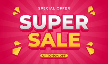 Süper Satış afişi şablonu pembe çizgi roman arka planı,% 60 'a varan indirim, satış promosyonu için modern vektör tasarımı, dijital pazarlama, etkinlikler, sosyal medya reklamları, web ve sayfalar