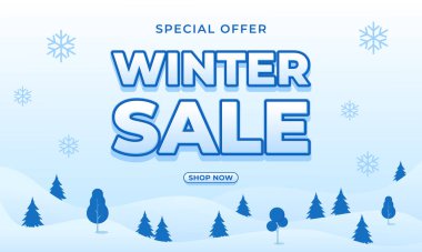 Mavi karlı manzara, kar taneleri ve çam ağaçları, satış reklamları için modern mevsimsel indirimler, dijital pazarlama, sosyal medya, web ve sayfalar