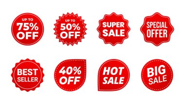Satış rozetleri. Şablon afiş alışveriş rozetleri. Basit düz stil vintage etiketler, indirimli metinli kırmızı çıkartmalar. Satış vektörü çizimleri