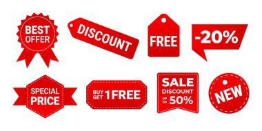 Satış rozetleri. İndirim ve özel teklif etiketleri. Kırmızı çıkartmalar ve fiyat etiketleri. Vektör Resimleri. Pazarlama ve alışveriş için reklam pankartları