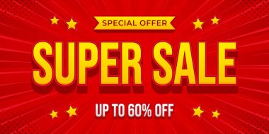 Kırmızı çizgi roman arkaplanlı süper satış afişi,% 60 indirimli özel teklif, satış promosyonu, alışveriş, pazarlama reklamları, etkinlikler, web ve sayfalar için metin efekti vektör tasarımı