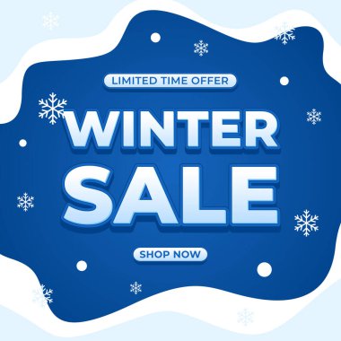 Mavi kar dalgası arka planına ve kar tanelerine sahip kış pankartı şablonu, satış reklamları, alışveriş, dijital pazarlama, web ve sosyal medya paylaşımları için modern mevsimsel tanıtım tasarımı